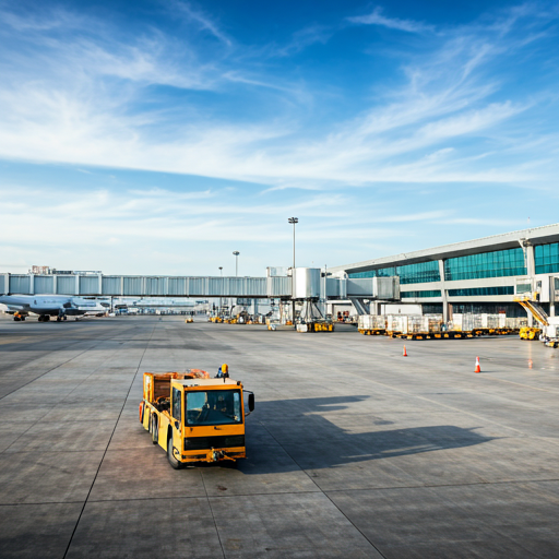 High-impact view of an aviation cargo terminal with Sinoport ground equipment